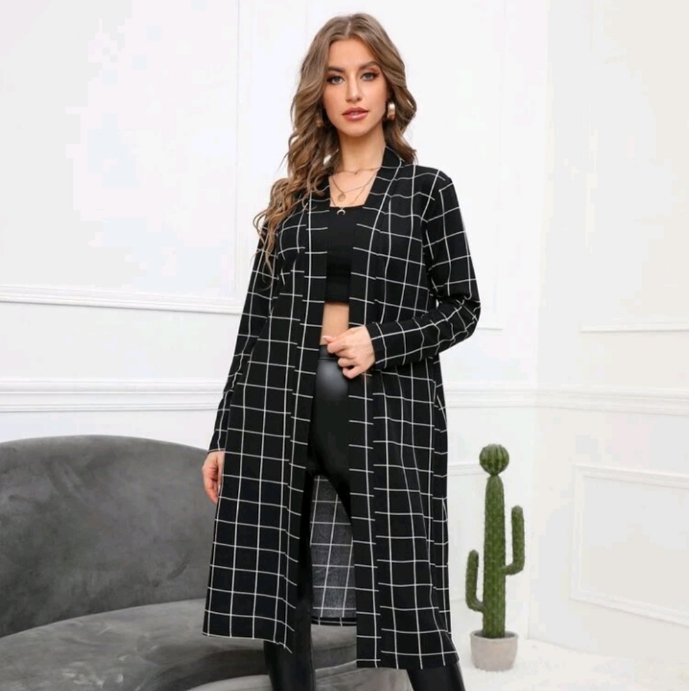 Shein Lune Grid Print Open Front Coat, Size Xl, C… - image 3